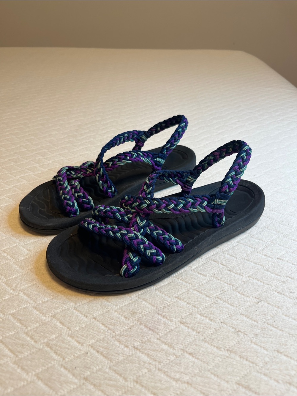 MEGNYA braided Sandals, black w/Purple & Teal Braided Straps, W7/38 eu